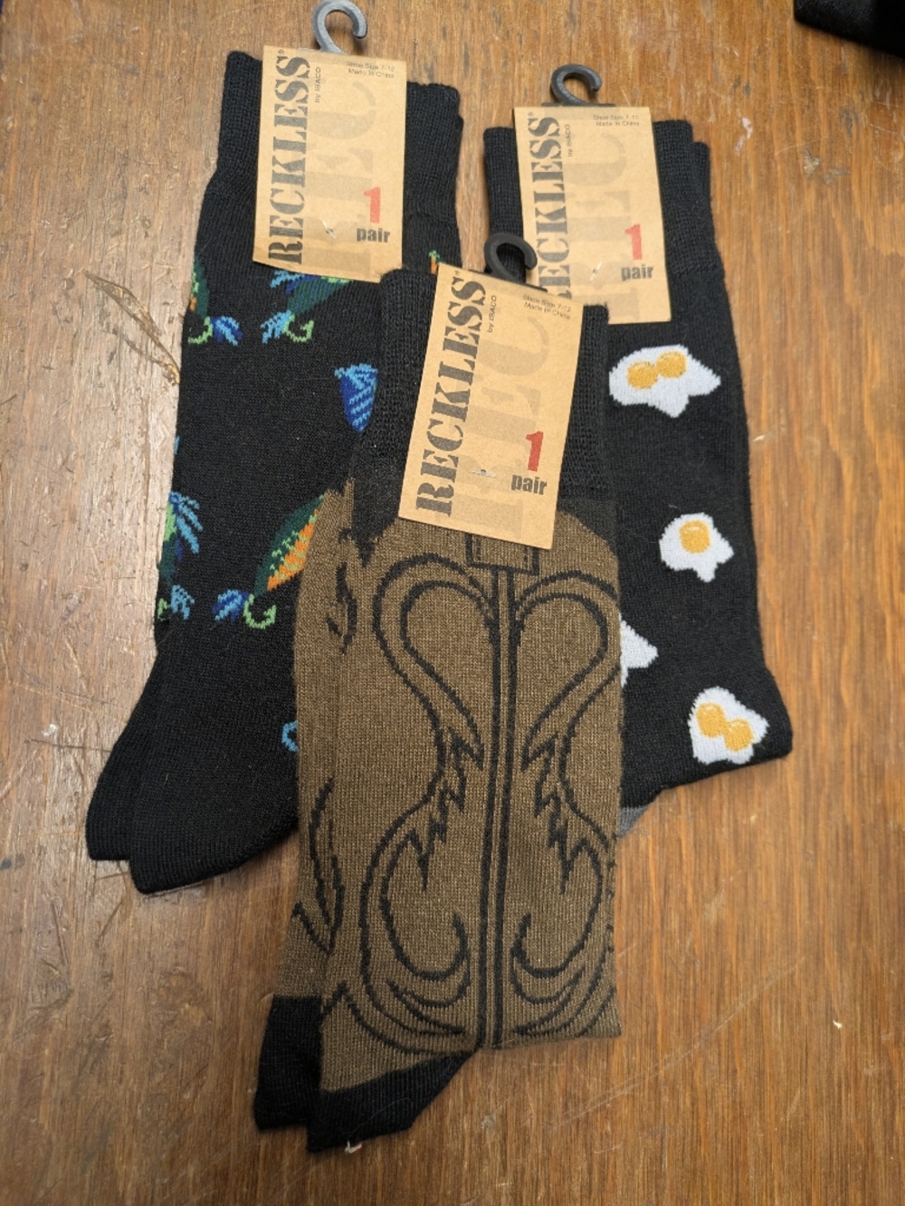 3 Reckless Manly Man Men's Dress Socks Fishing, Cowboy, Fried Egg Fits 7-12 Shoe